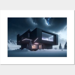 Black futuristic house in snowy place Posters and Art